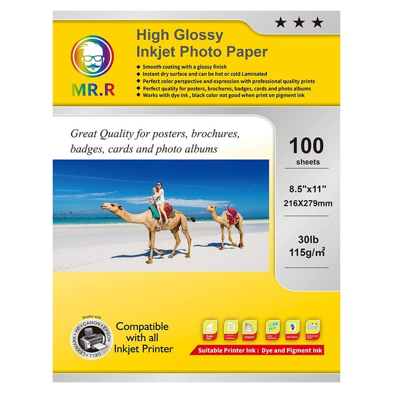 MR.R Single Side High Glossy Inkjet Photo Paper Letter Size 8.5"x11" with 100 sheets per pack 115gsm 30LB - Image 1